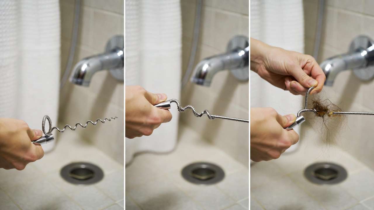 Step-by-step guide to using a drain snake to fix a shower drain clogged with hair and debris.