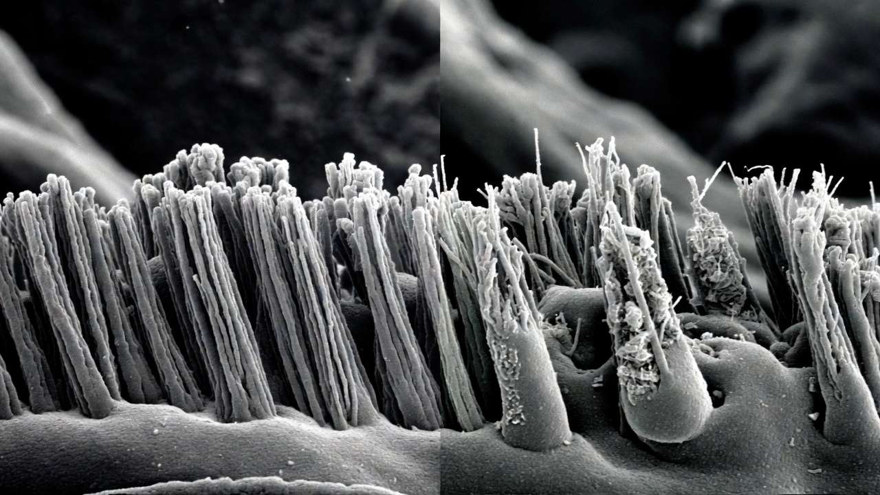 SEM comparison of raw denim fibers versus light wash denim fibers showing mechanical abrasion damage