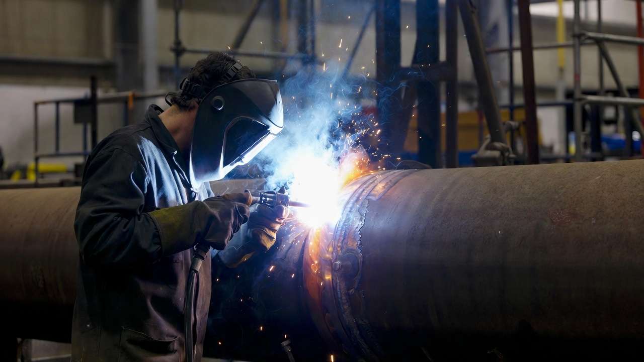 Welder performing uphill SMAW root pass on pipe in 5G position with visible keyhole