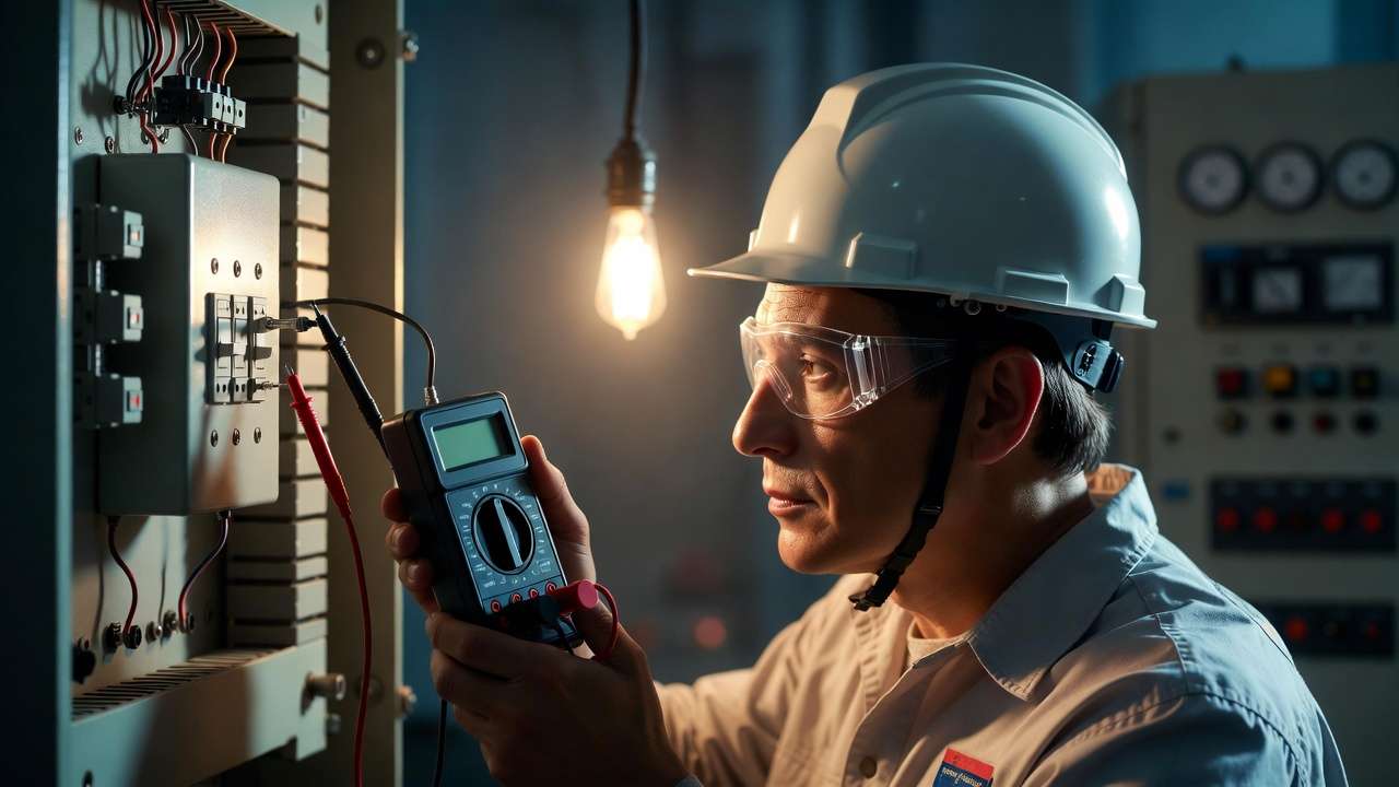 Troubleshooting light switch wiring using multimeter to test connections and voltage.