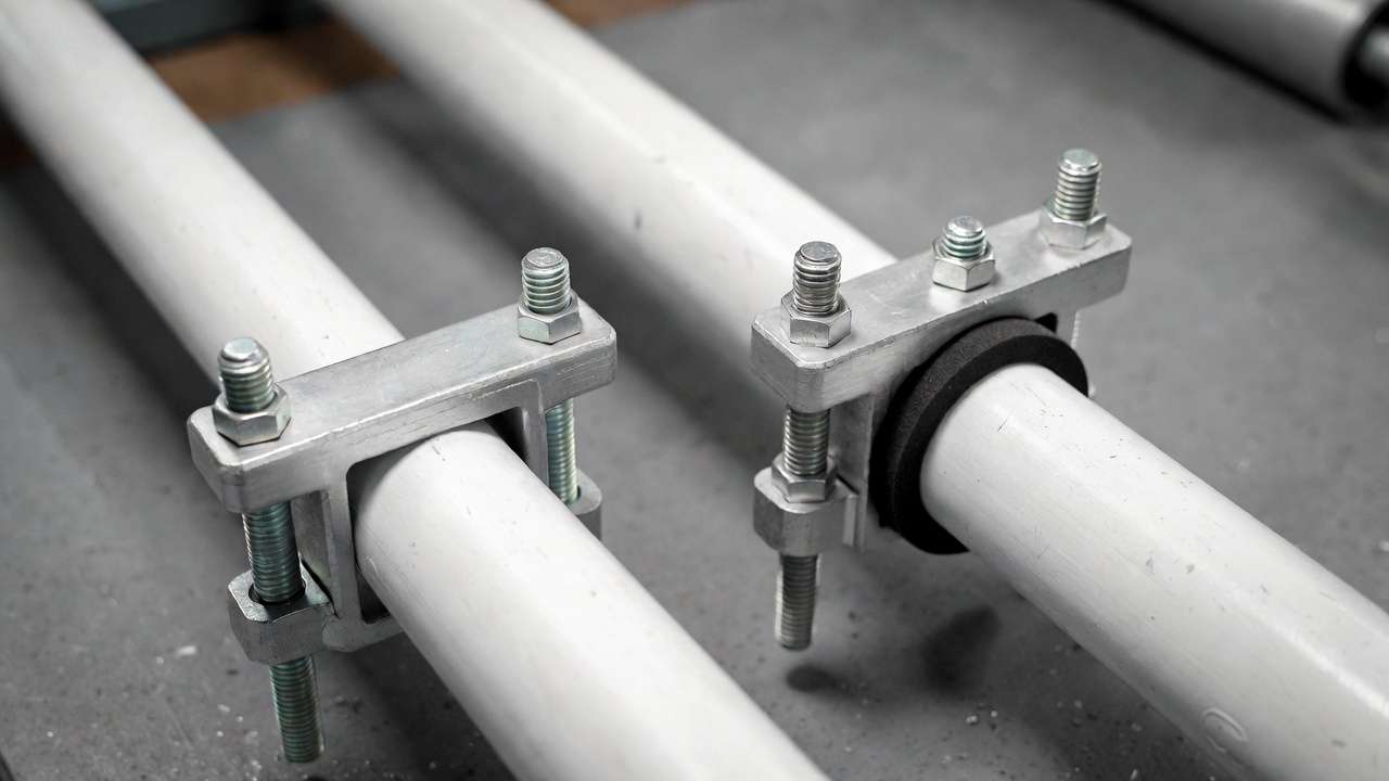 Side-by-side comparison of standard and cushioned pipe clamps on piping sections