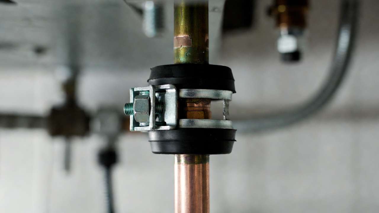 Cushioned lined pipe clamp installed on copper piping showing vibration isolation