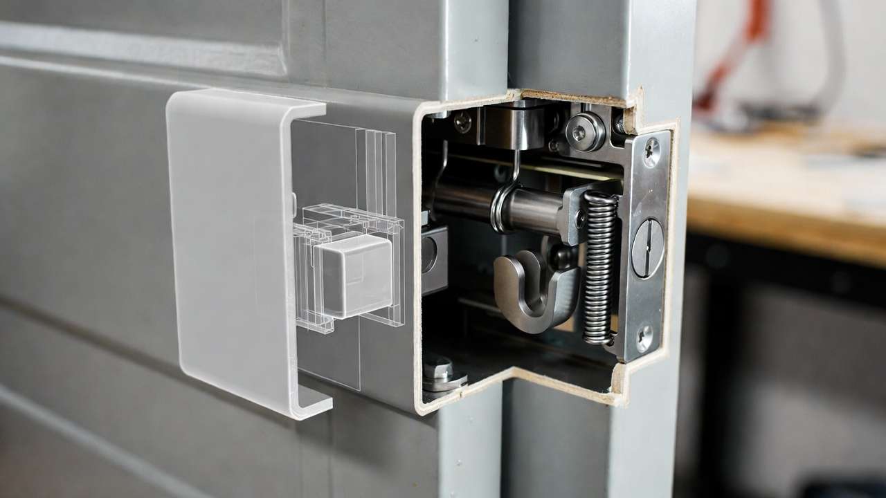 Pocket door lock internal mechanism cutaway - hook latch vs magnetic system engineering view