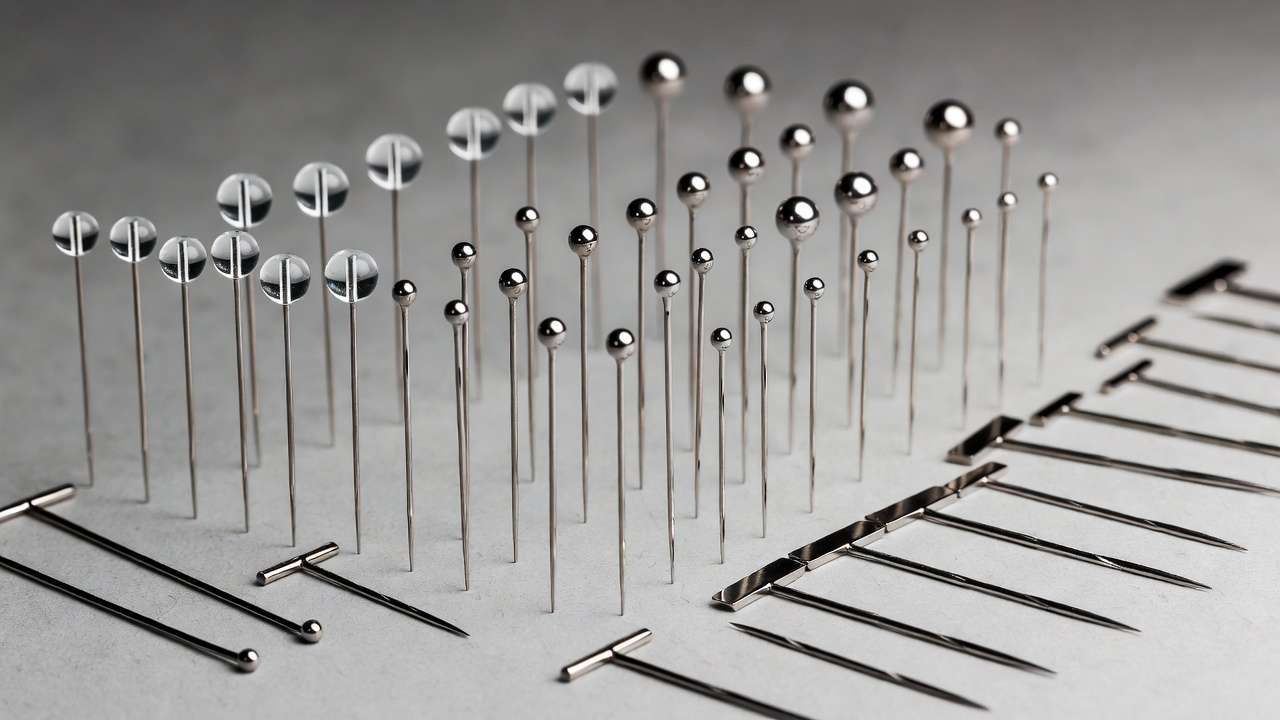 Comparison of different types of sewing pins including glass head, ball point, silk, and quilting varieties