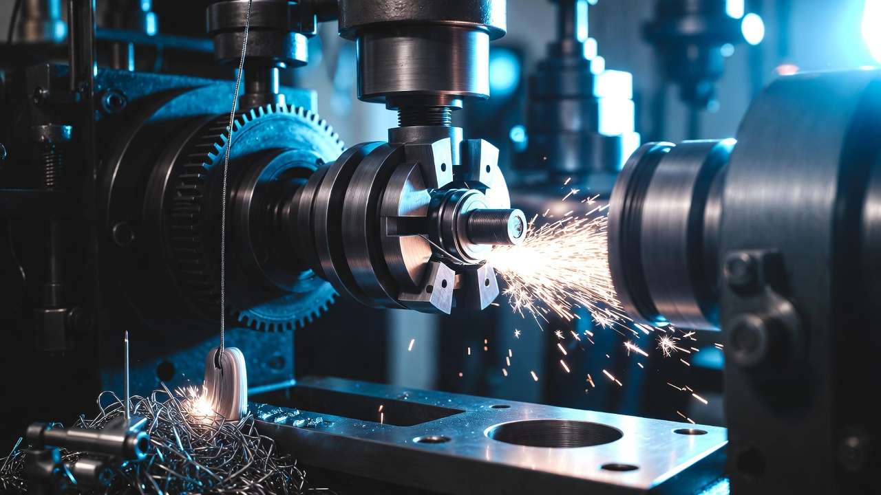 Macro view of sewing pin manufacturing with steel wire drawing and point sharpening in precision engineering setup
