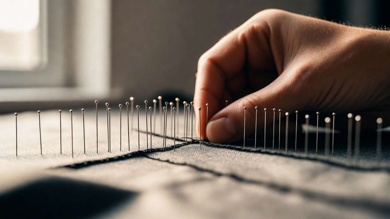 Hands demonstrating precise pinning technique with extra-fine sewing pins on fabric for accurate sewing