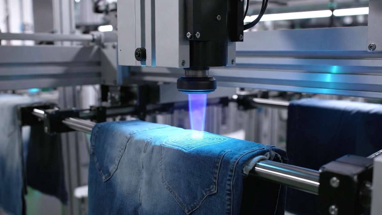Waterless laser technology for sustainable light wash denim processing in mechanical textile engineering