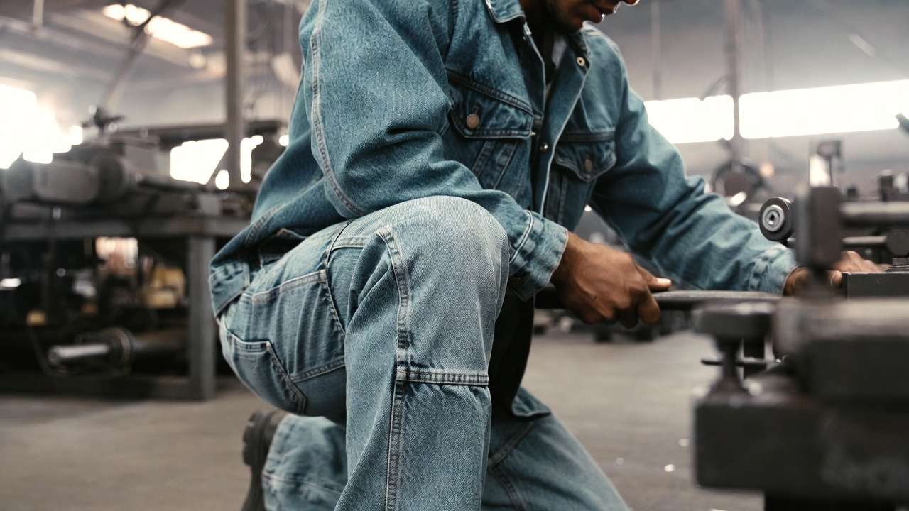 Light wash denim industrial workwear and PPE in real mechanical engineering environment