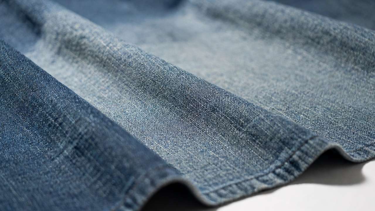 Light wash denim fabric close-up showing classic twill weave and faded texture for mechanical engineering analysis