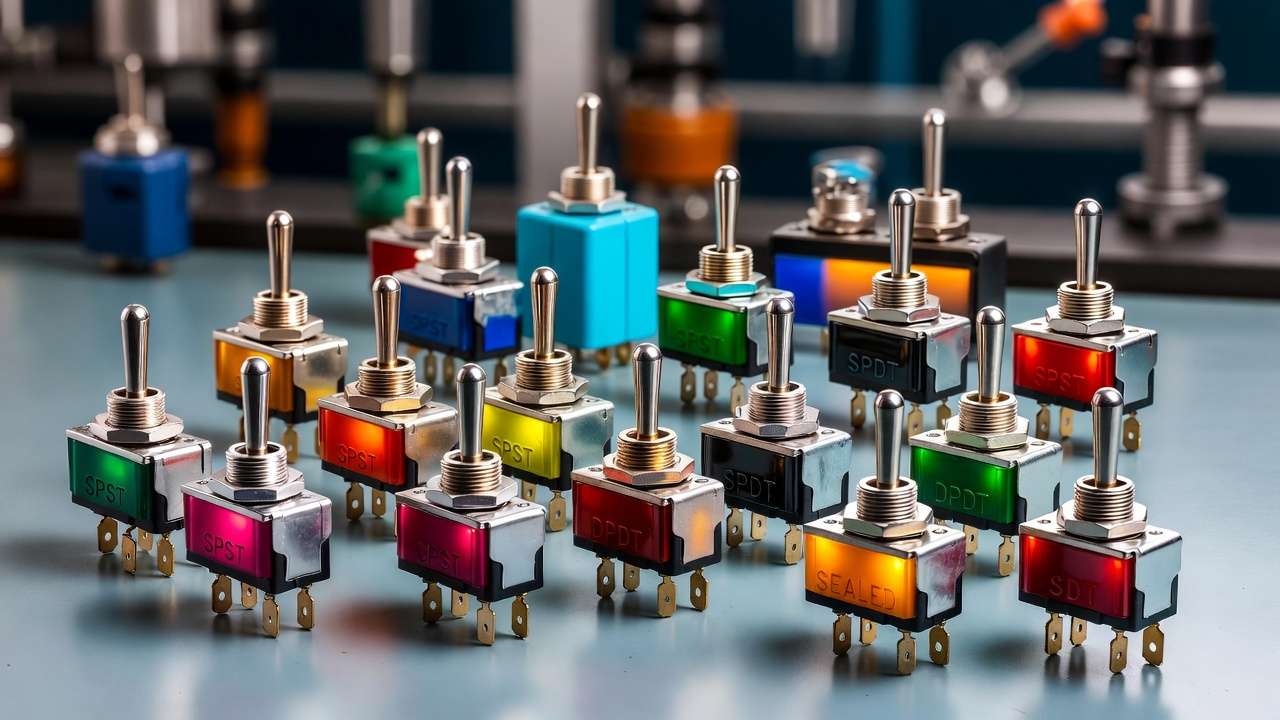 Various types of toggle switches for mechanical engineering applications.