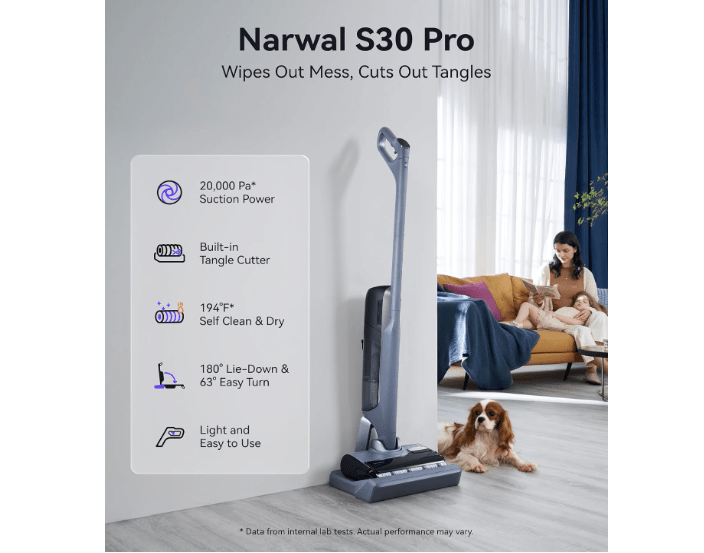  NARWAL S30 Pro Wet Dry Vacuum Cleaner with 20000Pa Suction, Cordless Vacuum Mop for Hard Floors, Tangle-Free Hair-Cutting, 180° Lie Flat, 194°F..