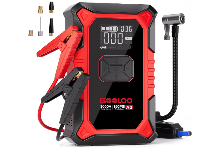 GOOLOO A3 Jump Starter with Air Compressor, 3000A Portable Car Battery Booster (9.0 Gas/6.5L Diesel) with 150PSI Auto-Shutoff Tire Inflator, 12V Supersafe