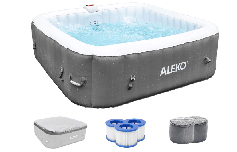 ALEKO Inflatable Hot Tub Spa | Personal High Powered Jetted Bubble | with Fitted Cover and 3 Filter Cartridges | 265 Gallon | 6 Person Square | Gray | HTISQ6GY