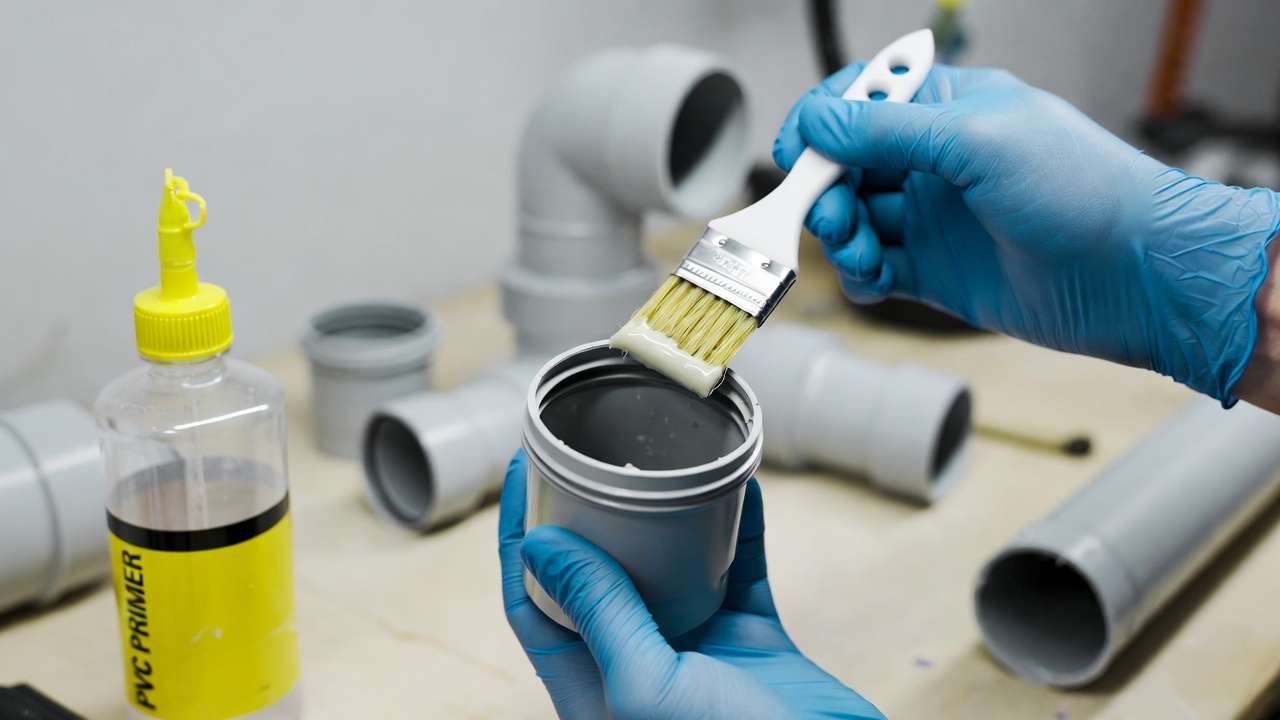 Hands installing PVC pipe bushing with solvent cement in plumbing tutorial