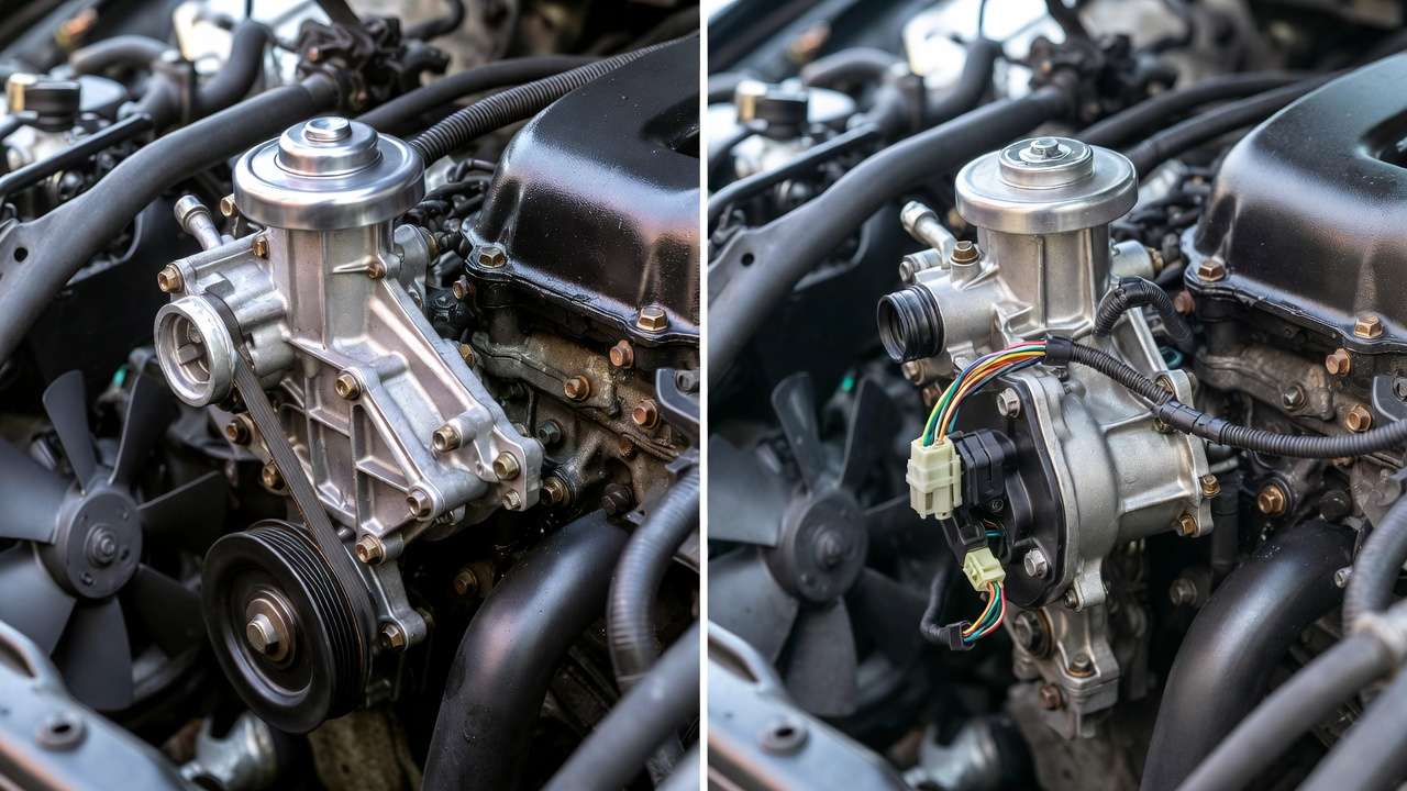 Side-by-side comparison of electric water pump vs mechanical pump in engine setups.