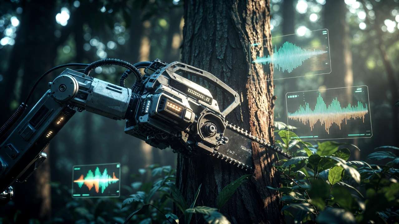Futuristic robotic chainsaw in forestry with smart sensors for predictive maintenance and vibration monitoring.