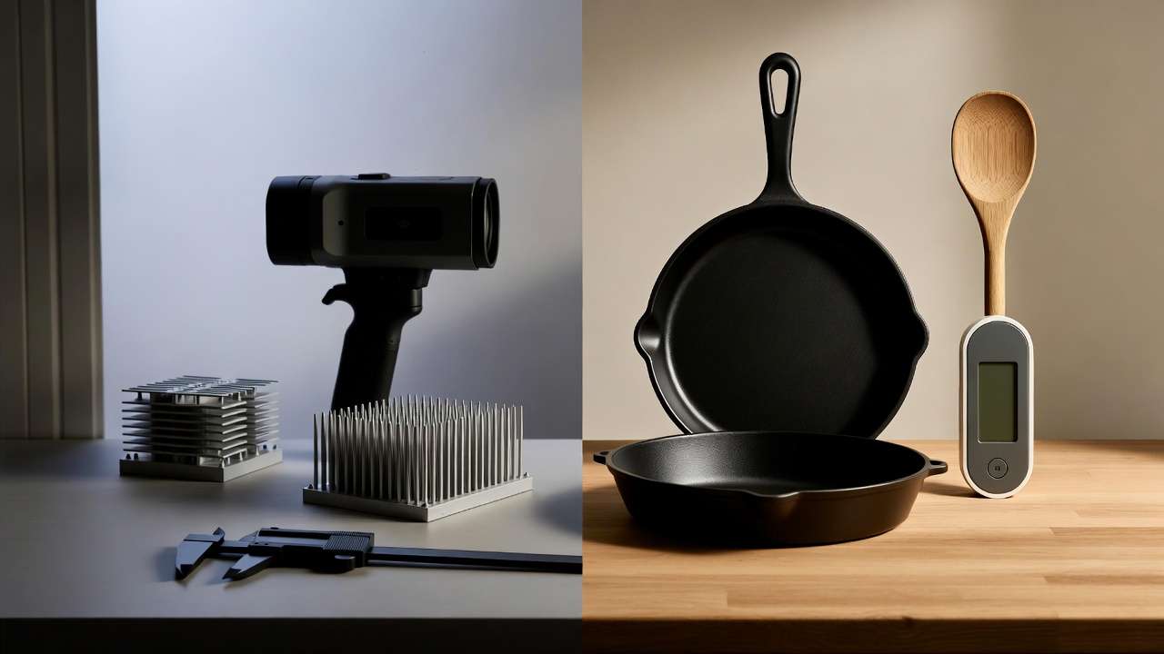 Mechanical engineering workbench blending kitchen tools and technical equipment for heat transfer design guidelines