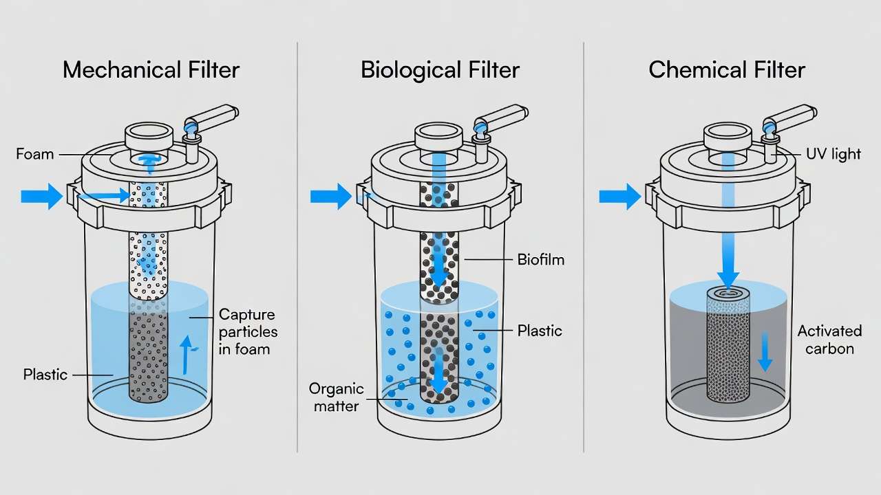 Engineering schematic of pond filter types including mechanical straining, biological nitrification, and chemical UV sterilization for water quality.