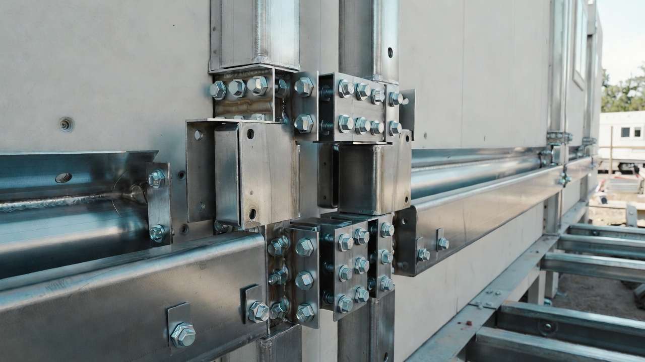 Bolted steel connection detail between stacked modules in two-story modular home