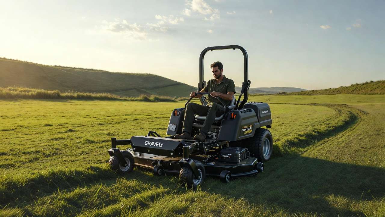 Professional using Gravely mower on large commercial property for reliable performance