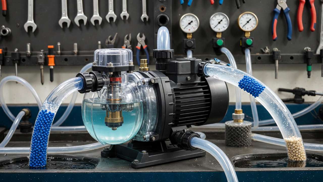 Engineering setup of pond pumps and filter media including centrifugal types, K1 moving beds, and sand for efficient water circulation and filtration.