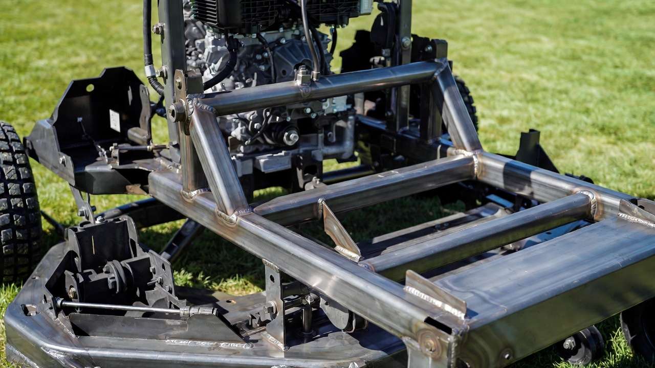 Gravely mower fully welded tubular steel frame close-up showing structural reinforcements