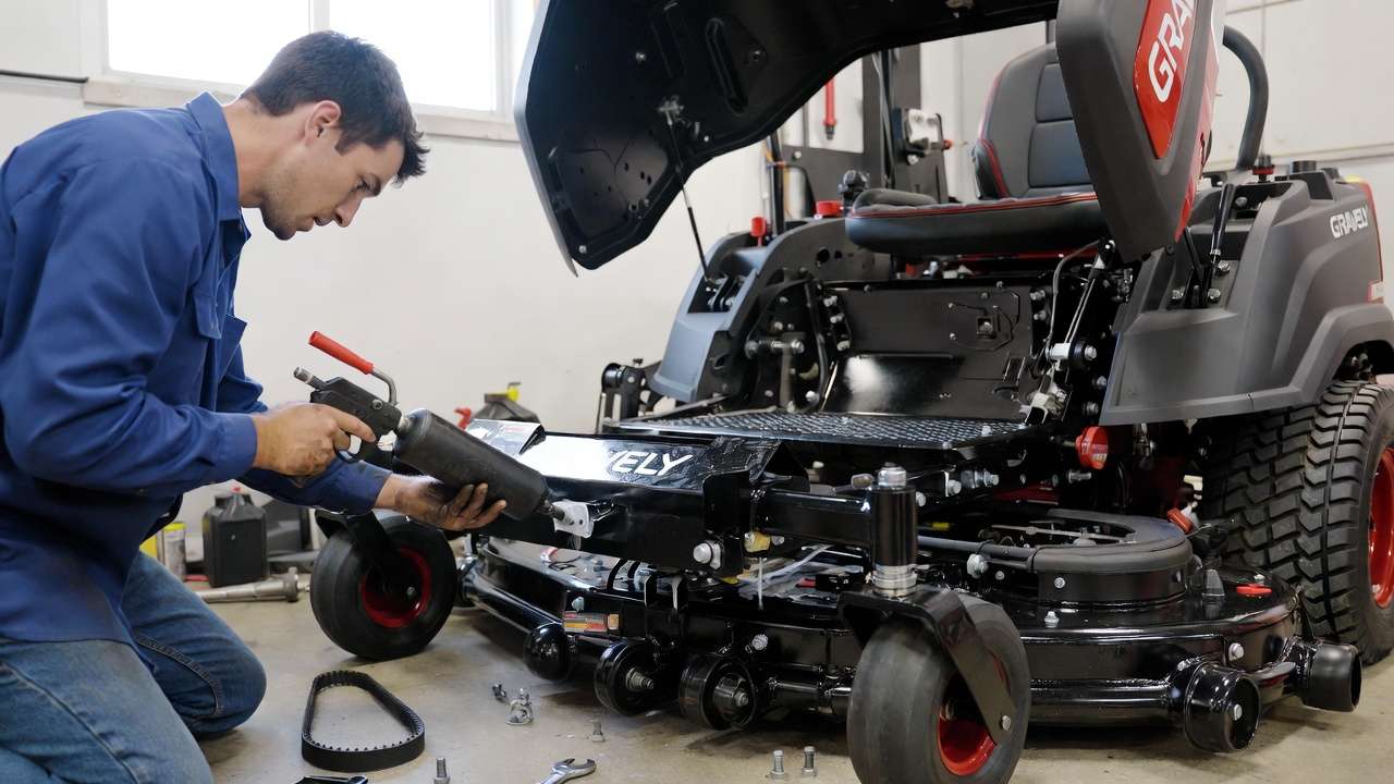 Gravely mower routine maintenance and belt replacement on zero-turn deck
