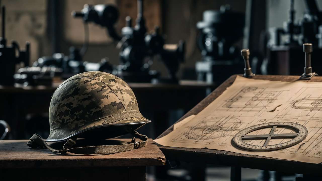 Military and mechanical engineering symbols honoring Louis F. Jagucki legacy at Altmeyer Funeral Home.