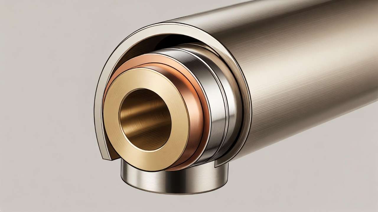 Cross-section view of brushed nickel faucet plating layers showing copper undercoat and nickel finish on brass substrate