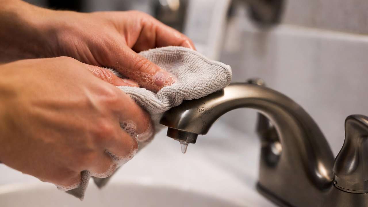 Hands cleaning brushed nickel faucet with soft cloth demonstrating easy maintenance of durable finish