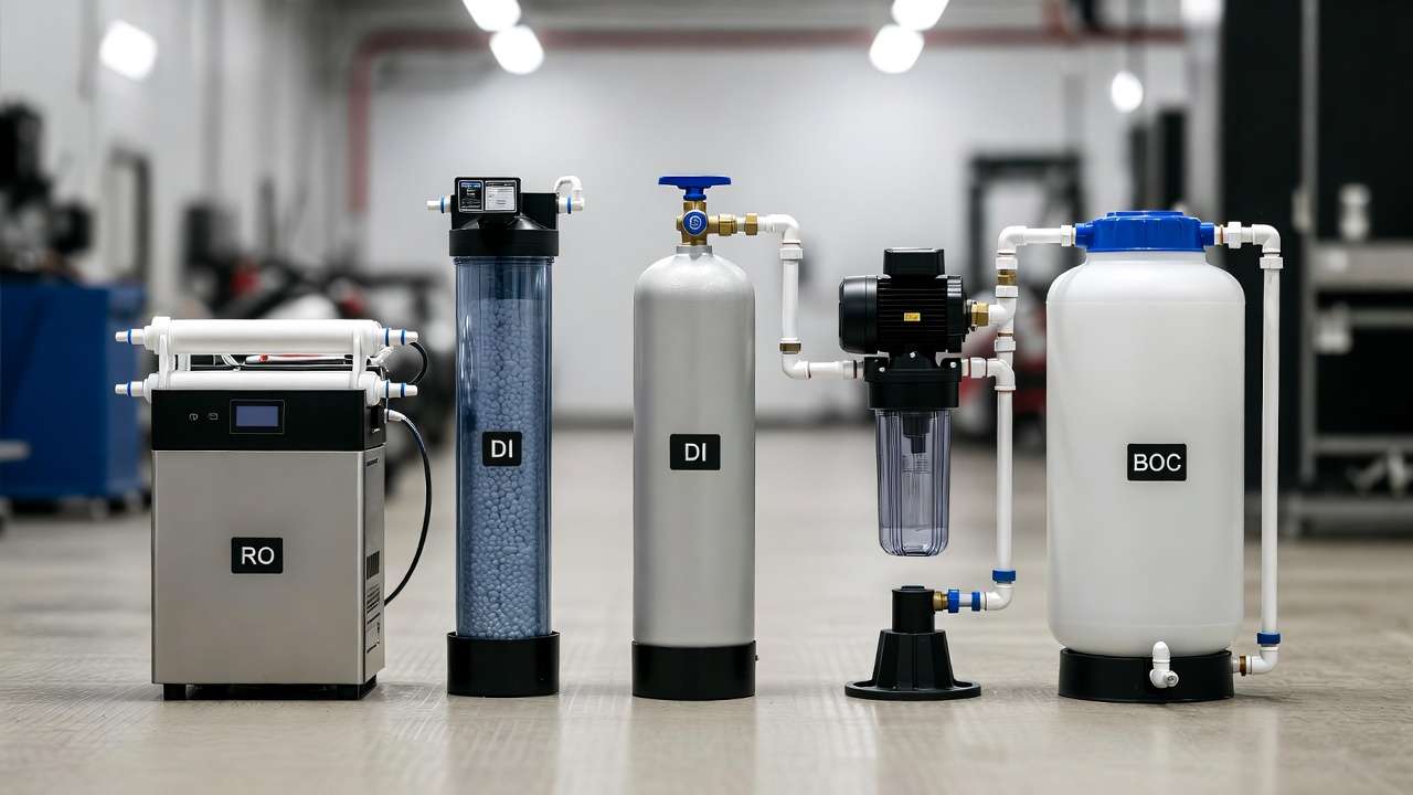 Comparison of different car cleaning water systems including RO, DI, and reclamation setups