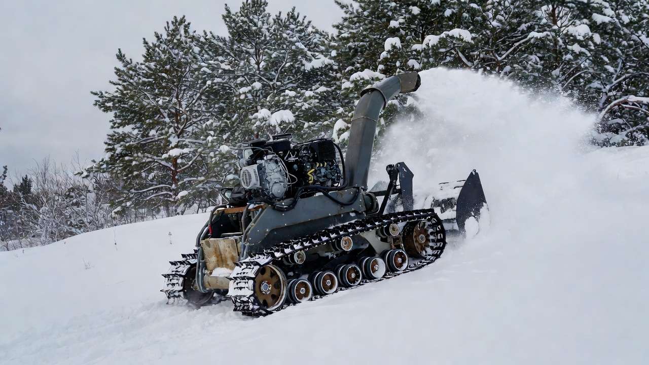 Tracked autonomous snow blower demonstrating slope stability and traction during real-world winter performance.