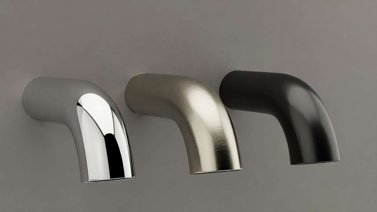 Side-by-side comparison of brushed nickel, polished chrome, and matte black faucet finishes highlighting texture differences