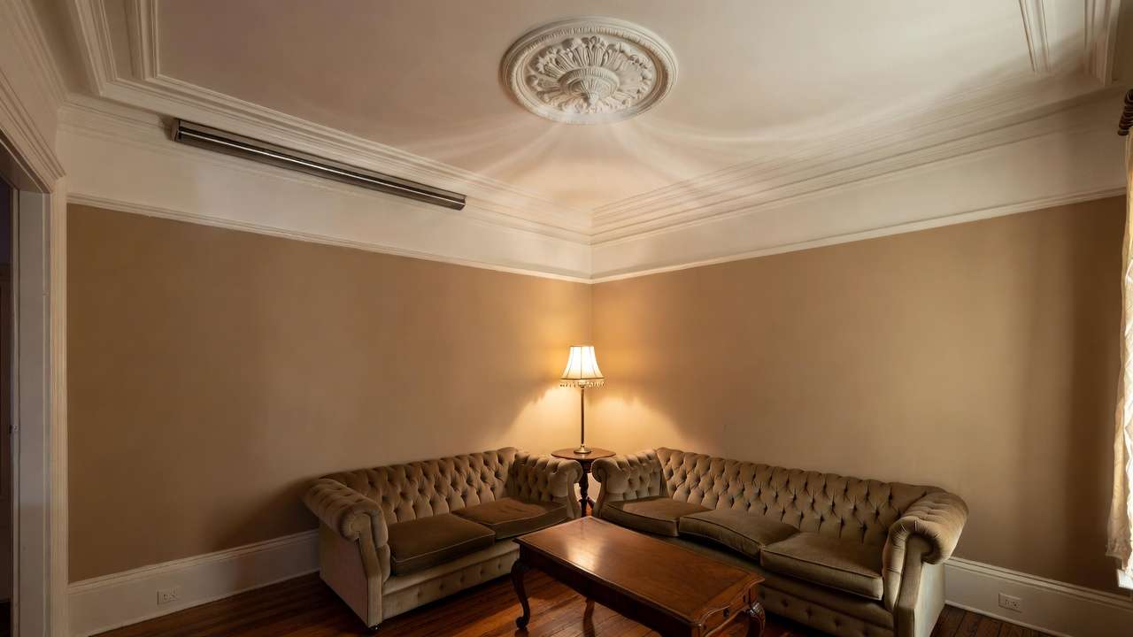 Discreet high-velocity mini-duct AC outlet integrated into Victorian crown molding