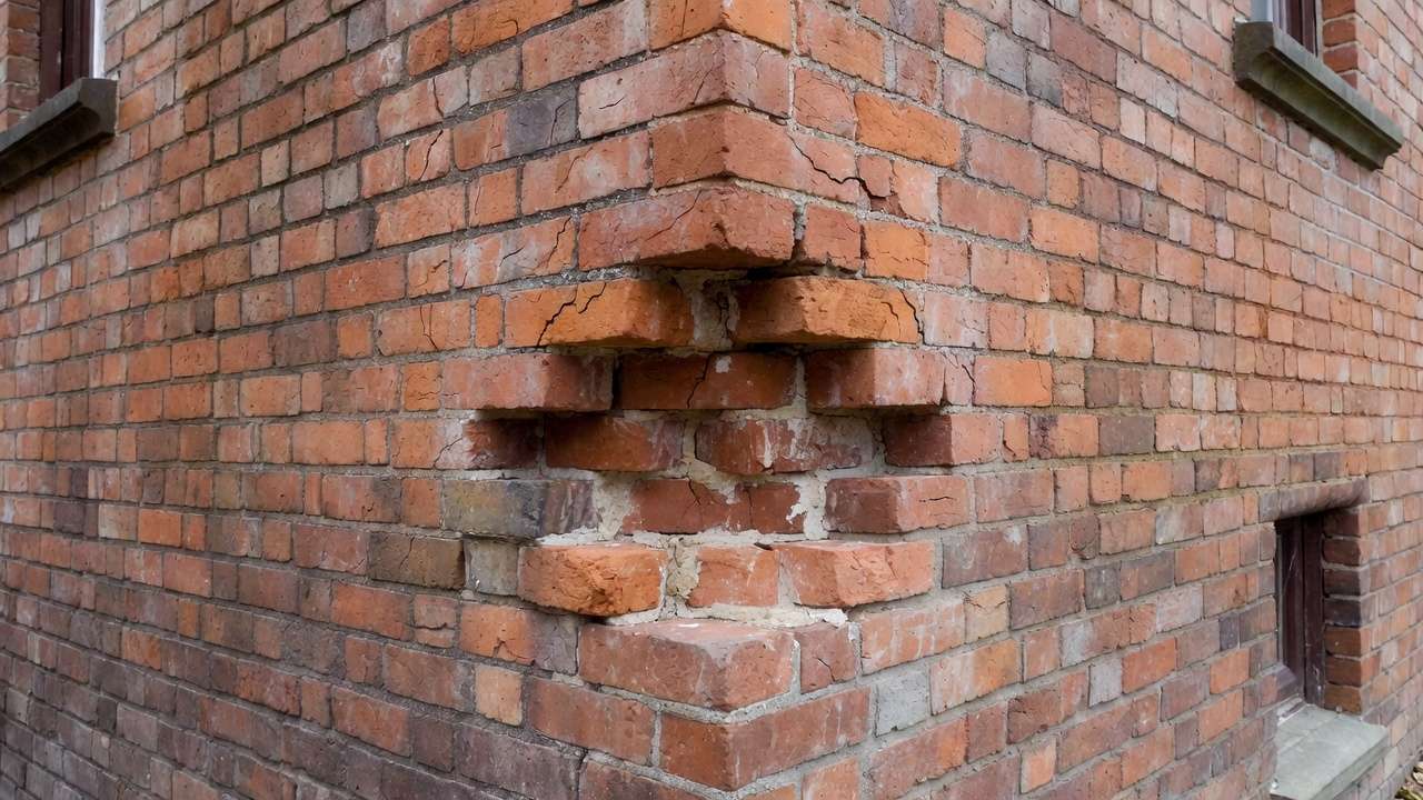 Close-up of stair-step cracking and differential settlement in Victorian home brick foundation