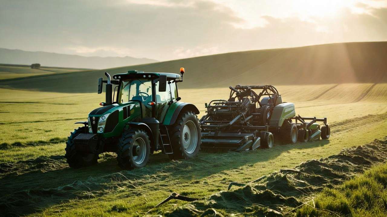 Tractor towing pull behind mower on large rolling pasture for efficient cutting