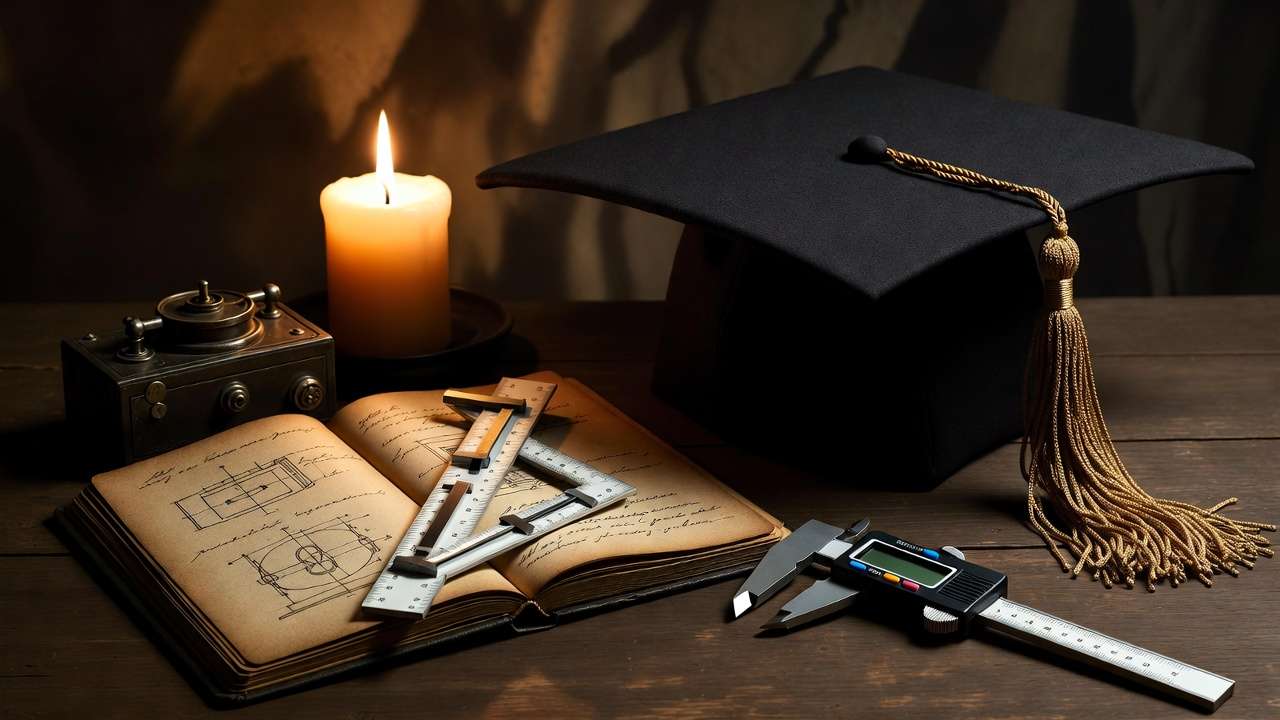 Engineering legacy tools and symbols representing mentorship and lasting impact.