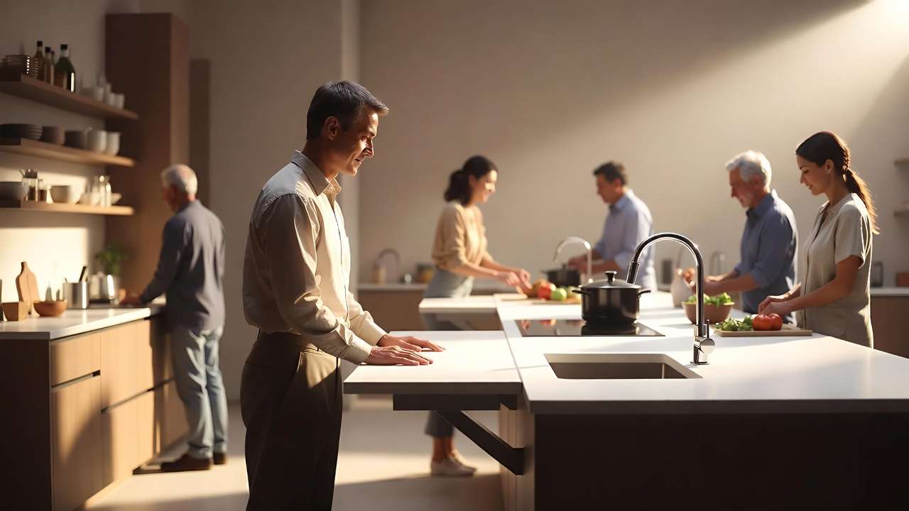 Ergonomic kitchen design with adjustable features for reduced strain and improved mechanical efficiency in golden work triangle.