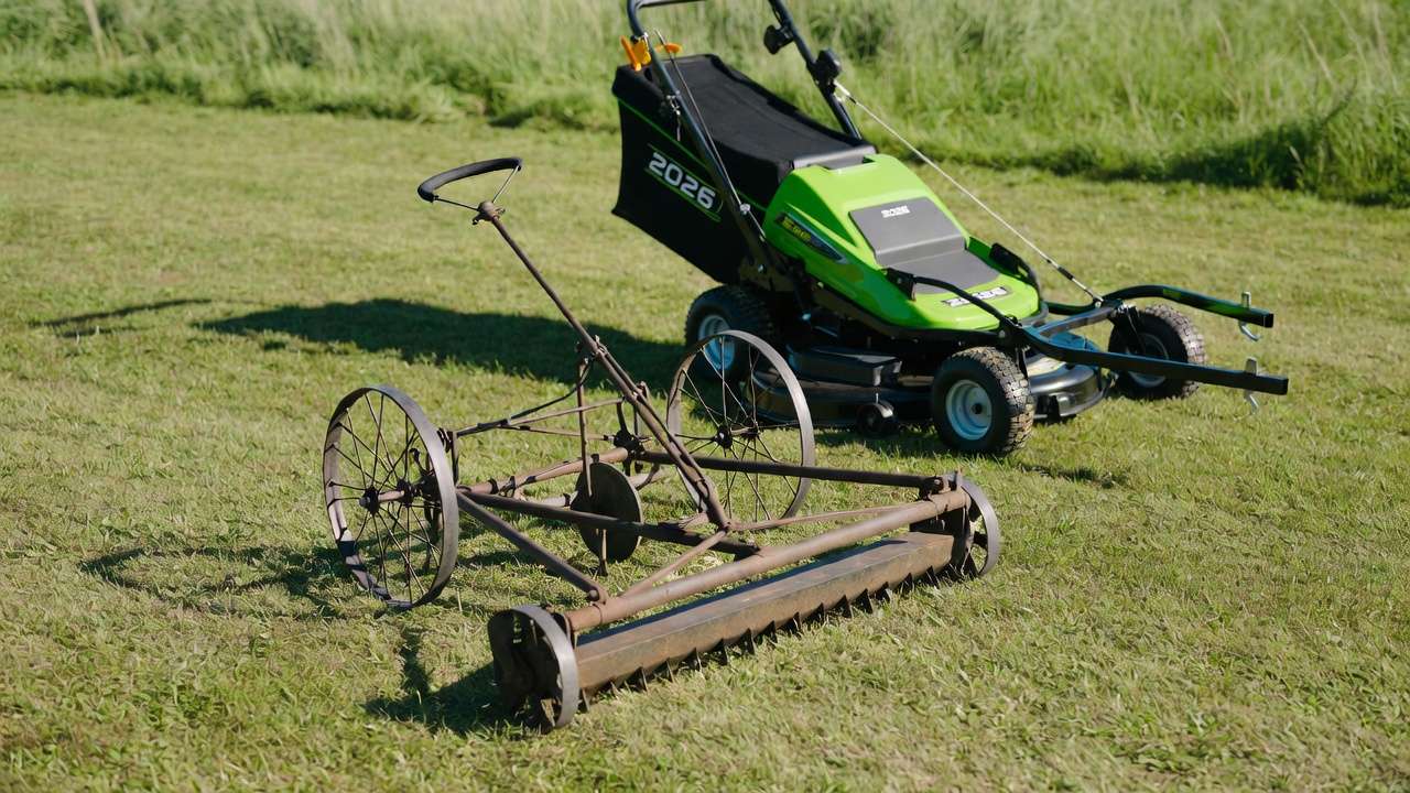 Pull behind mower evolution from vintage sickle bar to modern floating deck rotary model