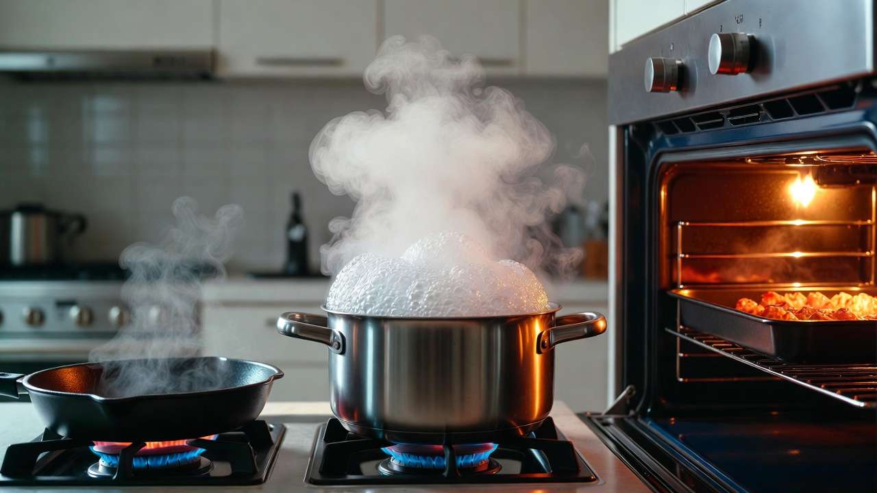 Heat transfer modes visualized through conduction convection and radiation in a real kitchen setting for mechanical engineering education