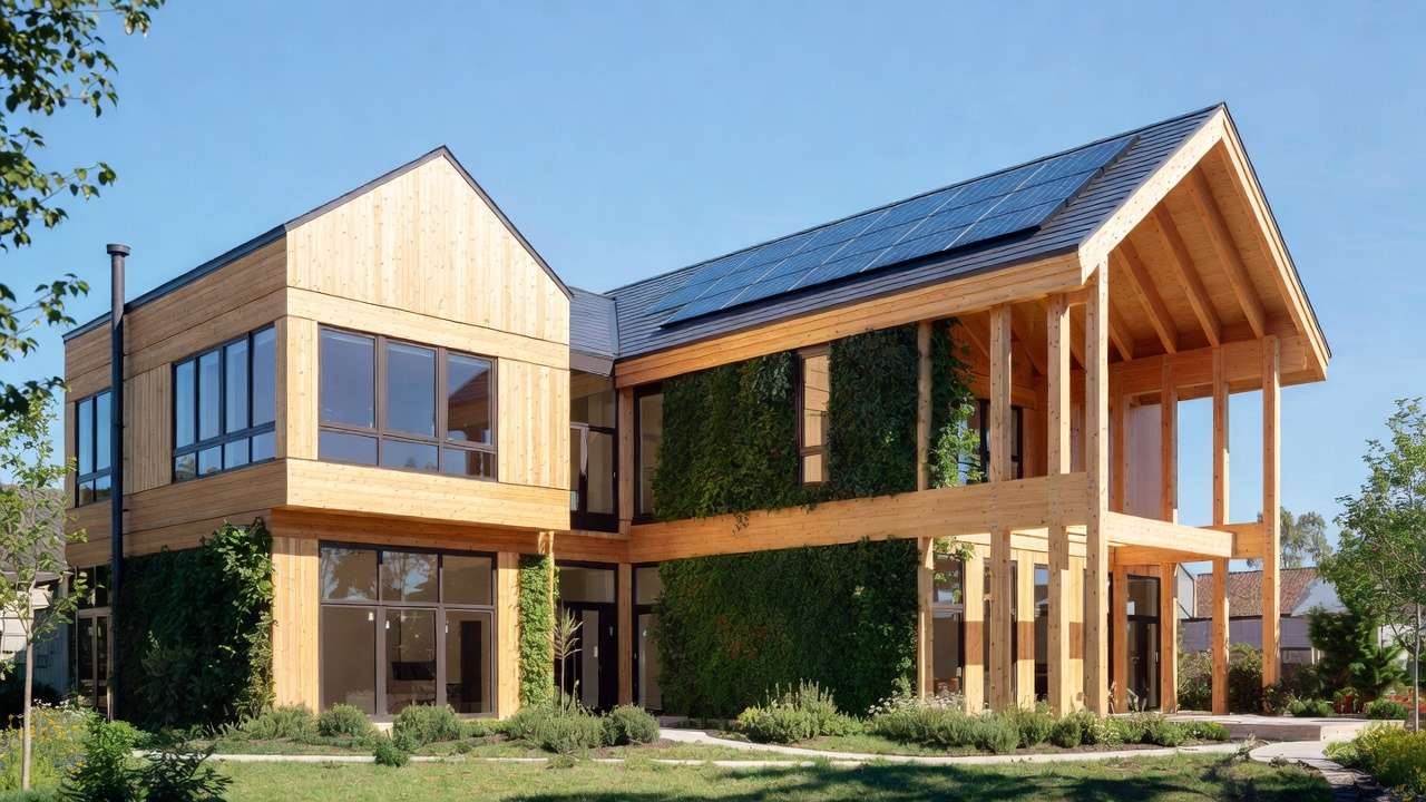 Future-proof two-story modular home with mass timber hybrid and solar integration