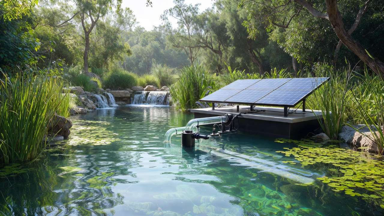Sustainable pond filter system with solar-assisted circulation, membrane bioreactors, and AI flow control for eco-friendly water management.