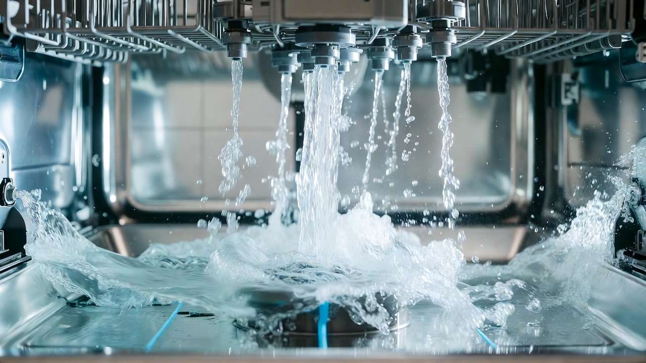 Spray arms and water jets inside built-in dishwasher demonstrating fluid mechanics and hydraulic engineering principles