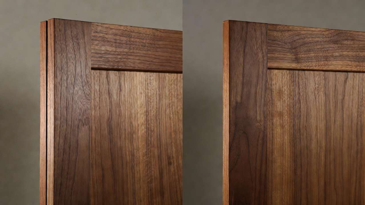 Before-and-after walnut cabinet door comparison showing warping versus proper dimensional stability
