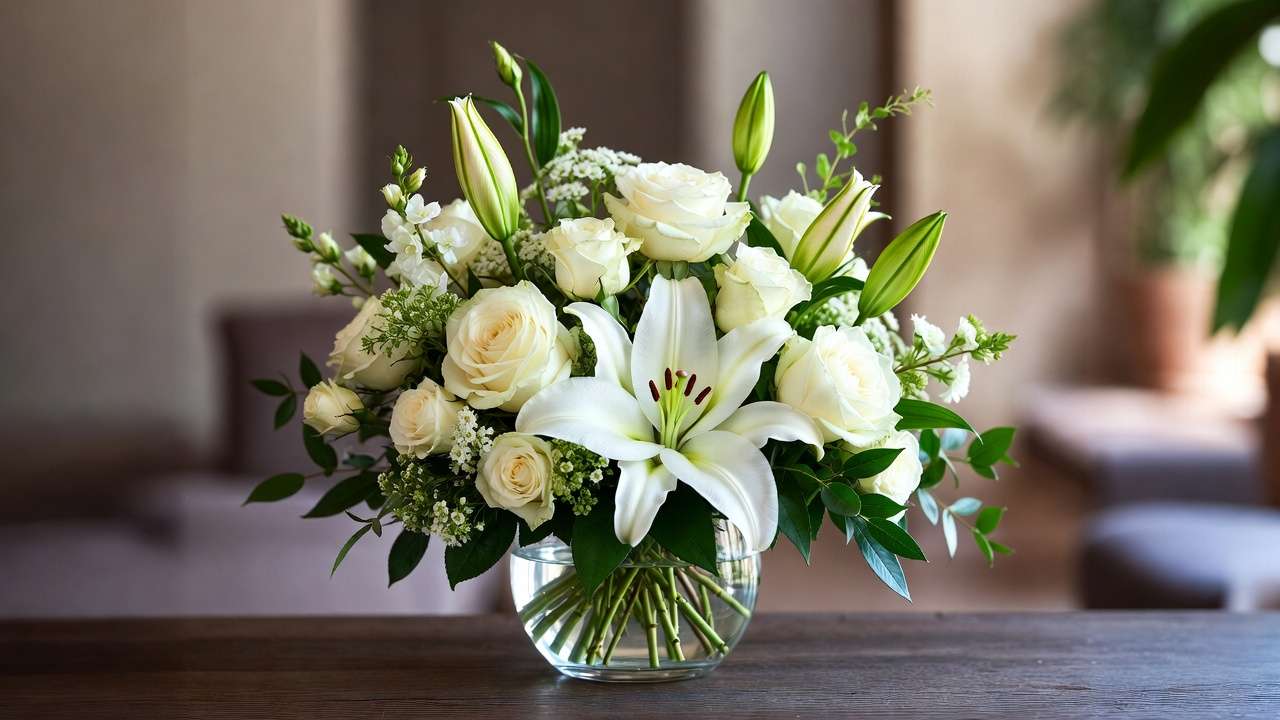 Beautiful white sympathy flower arrangement for memorial service