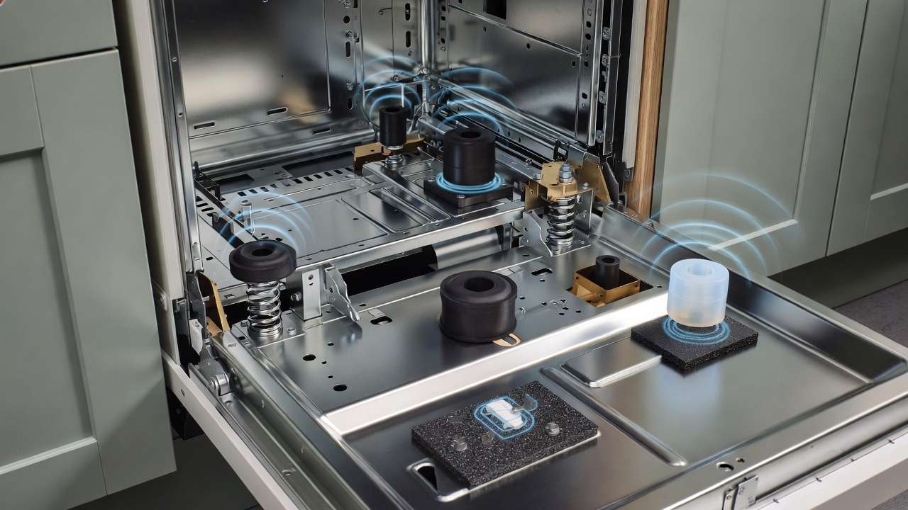 Vibration isolation and damping system in built-in dishwasher chassis for silent mechanical operation