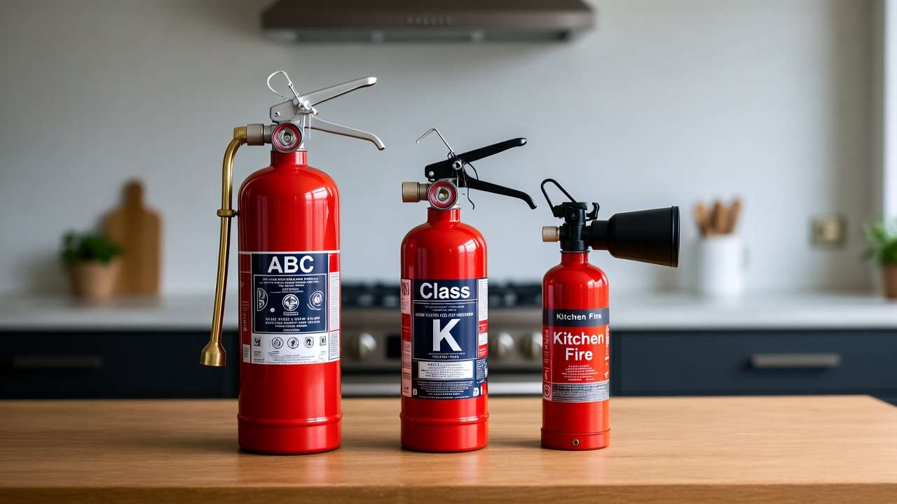 Side-by-side comparison of ABC dry chemical, Class K wet chemical, and aerosol kitchen fire extinguishers