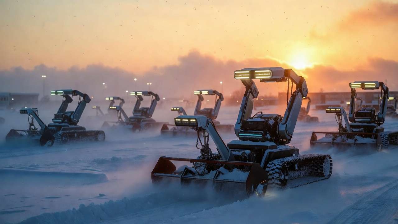 Fleet of future autonomous robotic snow blowers performing coordinated commercial snow clearing with advanced engineering.