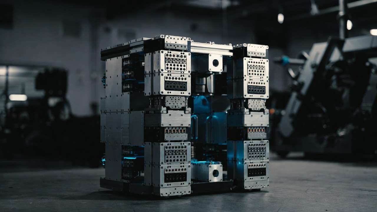 Modular robotic base unit with quick-release interfaces for interchangeable snow blower and other attachments in autonomous outdoor equipment design.
