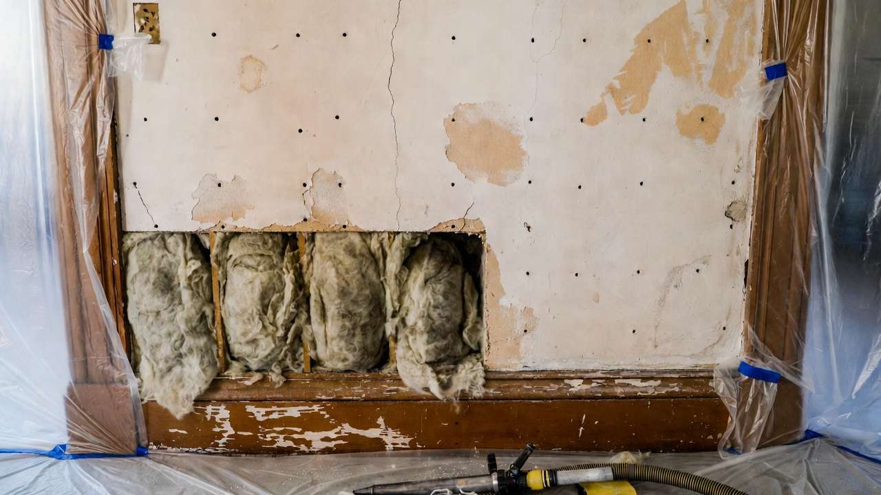 Dense-pack cellulose insulation being installed in Victorian balloon-framed wall cavity